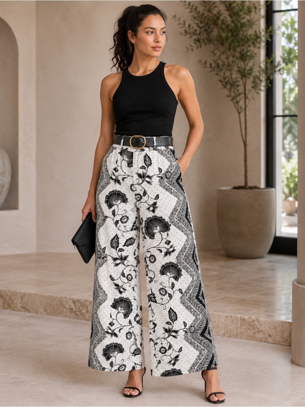 Ett:twa by Anthropologie Floral Wide Leg Palazzo Pants Black White Boho Size S